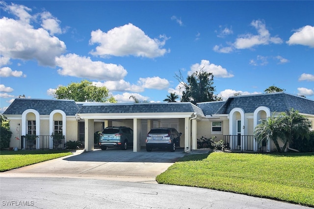 view of front property featuring a shingled roof and mansard roof