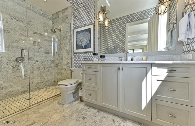 full bath featuring toilet, a stall shower, wallpapered walls, and vanity