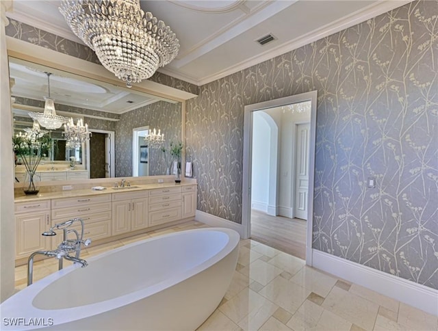 bathroom featuring wallpapered walls, crown molding, and a notable chandelier