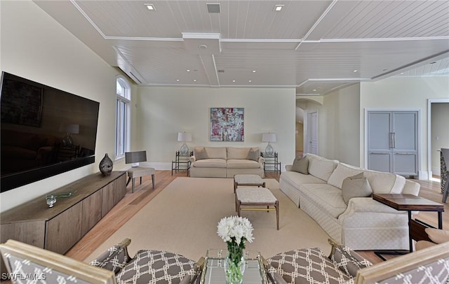 living room with wood finished floors, baseboards, recessed lighting, arched walkways, and wood ceiling