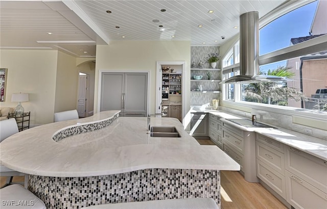 104 Bonaire Ln, Bonita Springs, FL 34134 - kitchen featuring black electric cooktop, island exhaust hood, arched walkways, a sink, and a large island