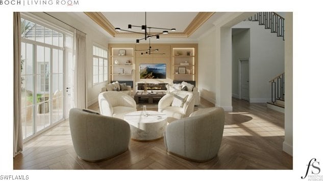 living room with stairs, baseboards, a raised ceiling, and crown molding