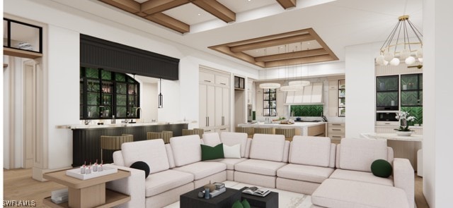 living room with light wood-type flooring, coffered ceiling, and beam ceiling