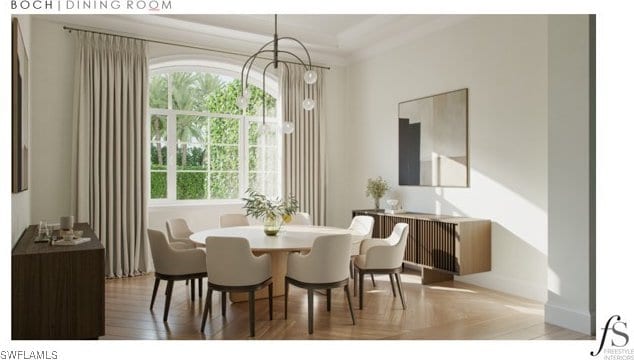 dining area featuring crown molding, light wood-type flooring, plenty of natural light, and an inviting chandelier