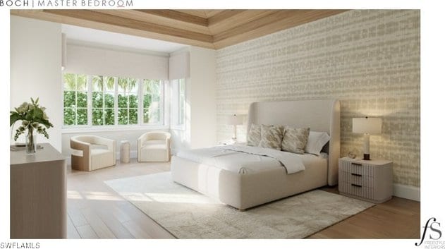 bedroom featuring an accent wall, light wood-type flooring, and wallpapered walls