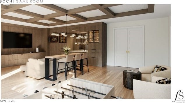 living area with light wood-type flooring, wood walls, coffered ceiling, and beam ceiling