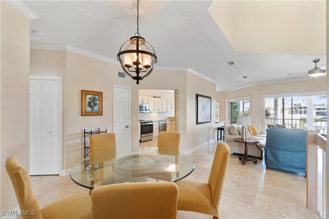 dining space with ornamental molding and ceiling fan with notable chandelier