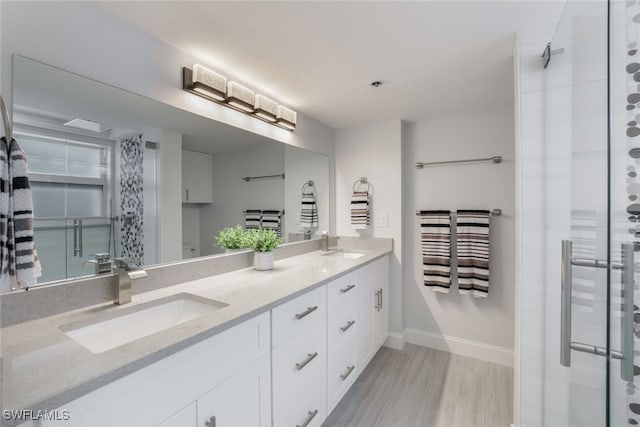 bathroom with wood finished floors, a sink, baseboards, and double vanity