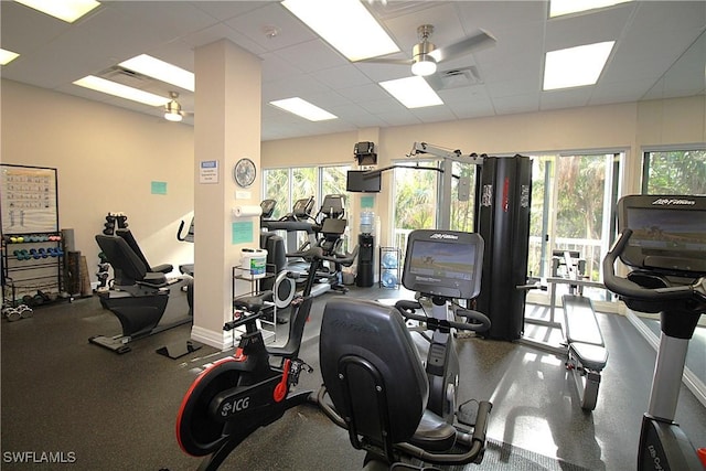 gym with a healthy amount of sunlight, ceiling fan, visible vents, and a paneled ceiling