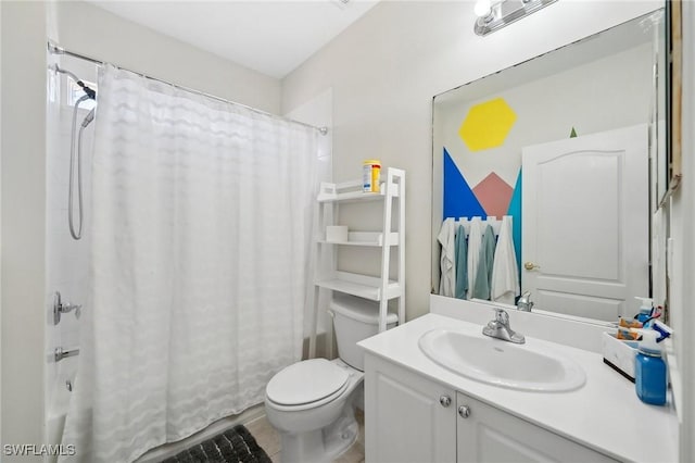 bathroom featuring shower / bathtub combination with curtain, toilet, and vanity