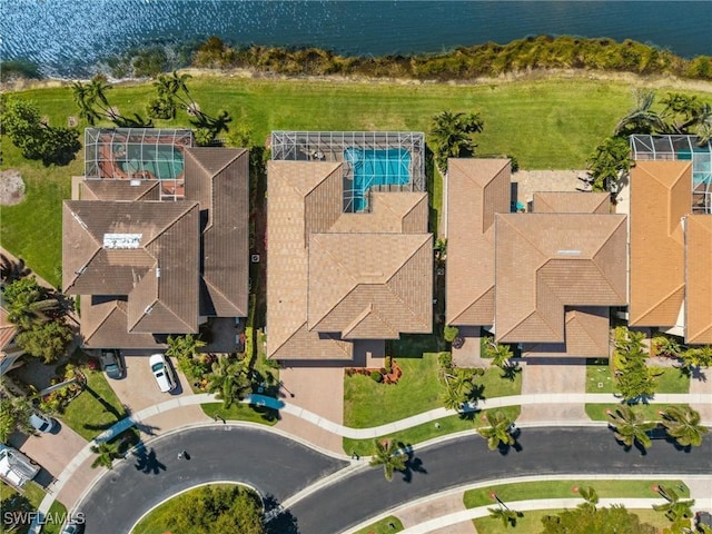 drone / aerial view featuring a water view