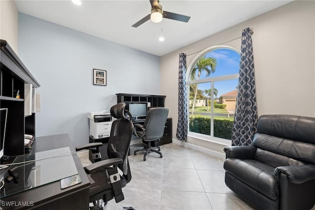 home office featuring light tile patterned flooring, recessed lighting, baseboards, and a ceiling fan