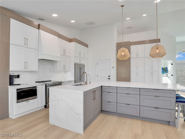 kitchen with light wood-style flooring, custom range hood, a sink, stainless steel appliances, and decorative backsplash