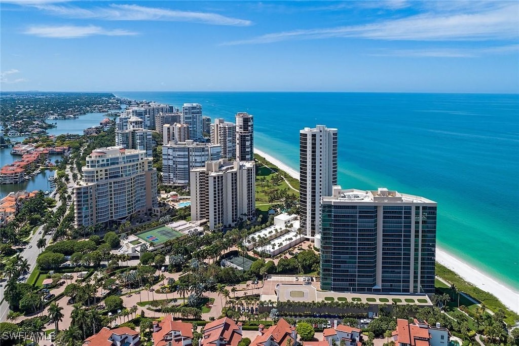 aerial view featuring a water view and a beach view