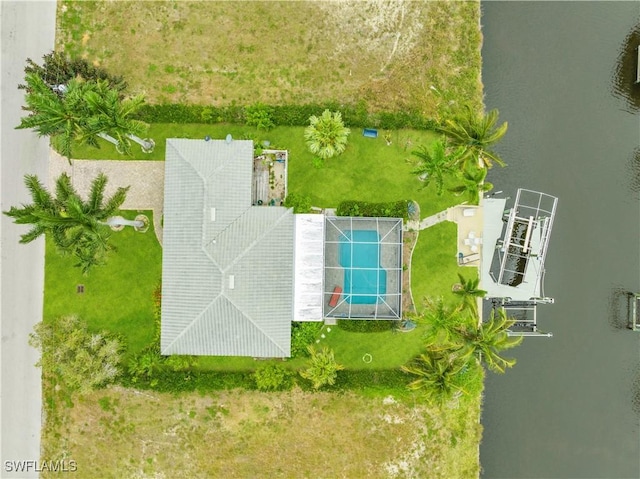 aerial view featuring a water view