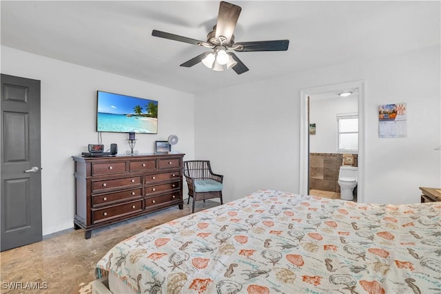 bedroom featuring a ceiling fan and connected bathroom