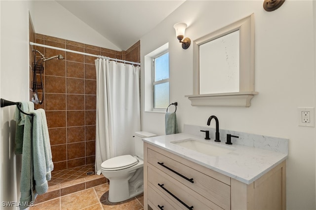 bathroom with lofted ceiling, a shower stall, toilet, and vanity