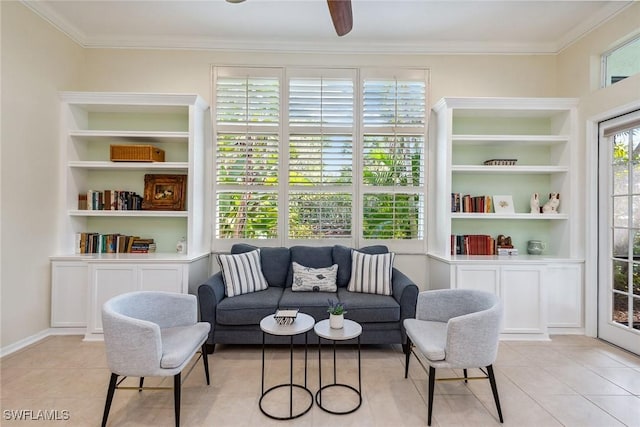 living area with crown molding, light tile patterned floors, and built in shelves