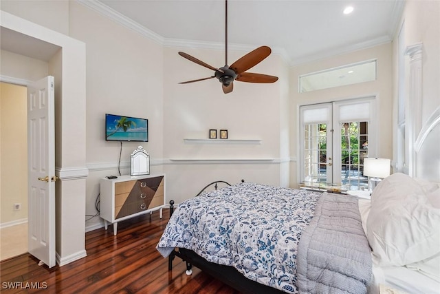 bedroom featuring ceiling fan, ornamental molding, dark hardwood / wood-style flooring, access to outside, and french doors