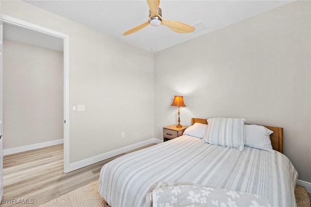 bedroom featuring ceiling fan and light wood-type flooring