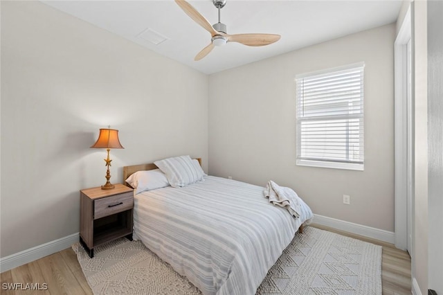 bedroom with ceiling fan and light wood-type flooring