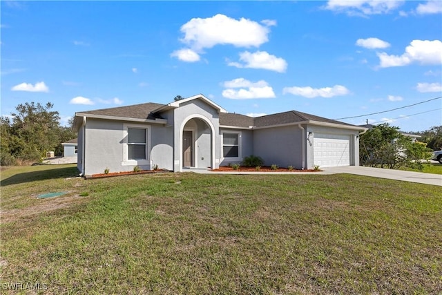 ranch-style house with a garage, driveway, a front yard, and stucco siding