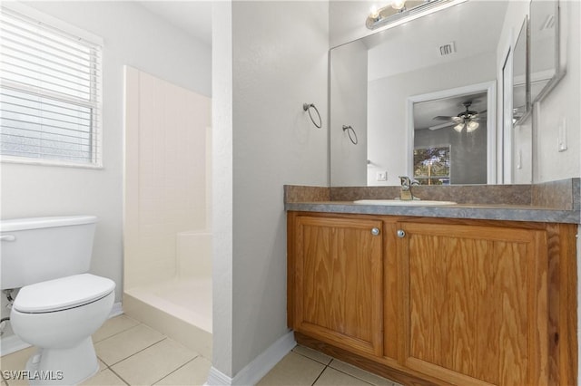 full bath featuring visible vents, toilet, tile patterned floors, vanity, and a walk in shower