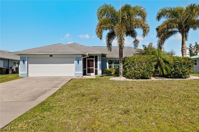 ranch-style house featuring a garage and a front lawn