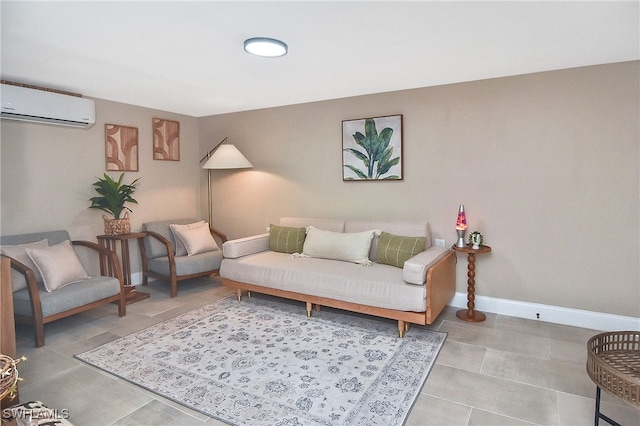 tiled living area with a wall mounted AC and baseboards