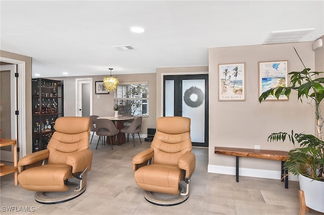 sitting room featuring recessed lighting, visible vents, and baseboards