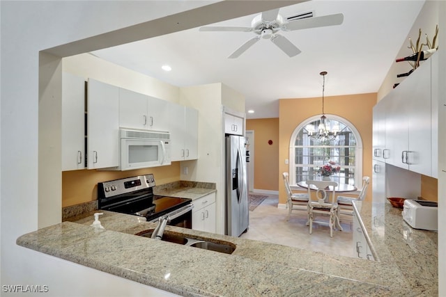 kitchen with sink, hanging light fixtures, stainless steel appliances, white cabinets, and kitchen peninsula