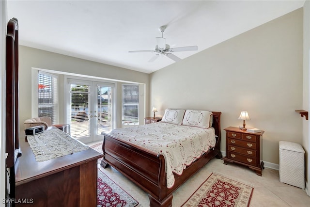 bedroom featuring access to exterior, light tile patterned floors, french doors, and ceiling fan