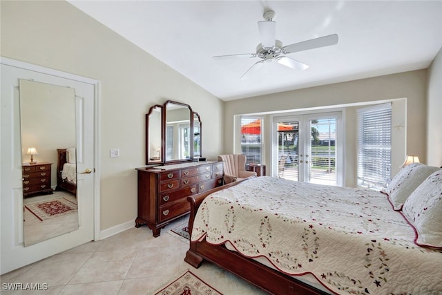 tiled bedroom with lofted ceiling, access to exterior, french doors, and ceiling fan