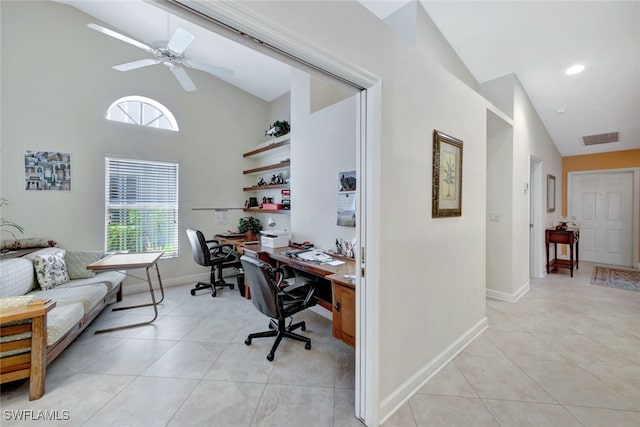 tiled office featuring ceiling fan and high vaulted ceiling