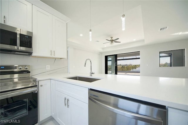 kitchen featuring sink, appliances with stainless steel finishes, white cabinetry, backsplash, and a tray ceiling