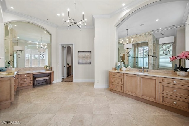 bathroom featuring a shower, crown molding, recessed lighting, vanity, and baseboards