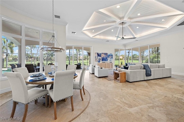 dining room featuring visible vents, coffered ceiling, baseboards, a towering ceiling, and a chandelier