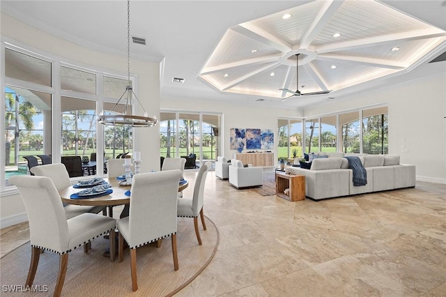 6511 Highcroft Dr, Naples, FL 34119 - dining space featuring recessed lighting, coffered ceiling, ornamental molding, beamed ceiling, and baseboards
