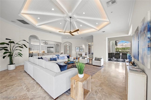 living room featuring beam ceiling, recessed lighting, visible vents, ornamental molding, and coffered ceiling