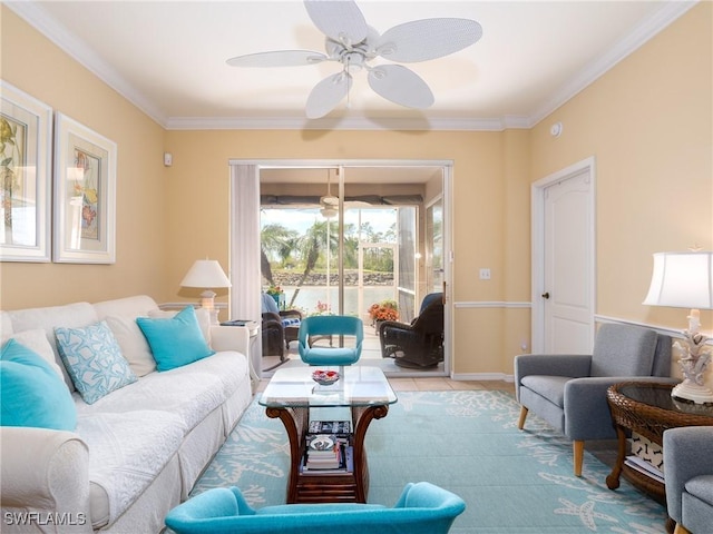 tiled living room with ceiling fan and crown molding