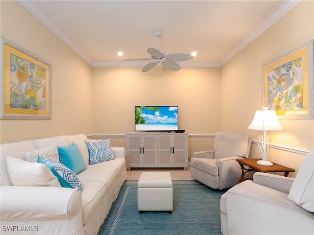 carpeted living room featuring crown molding and ceiling fan