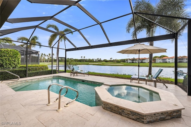 view of swimming pool with a water view, an in ground hot tub, a patio area, and glass enclosure