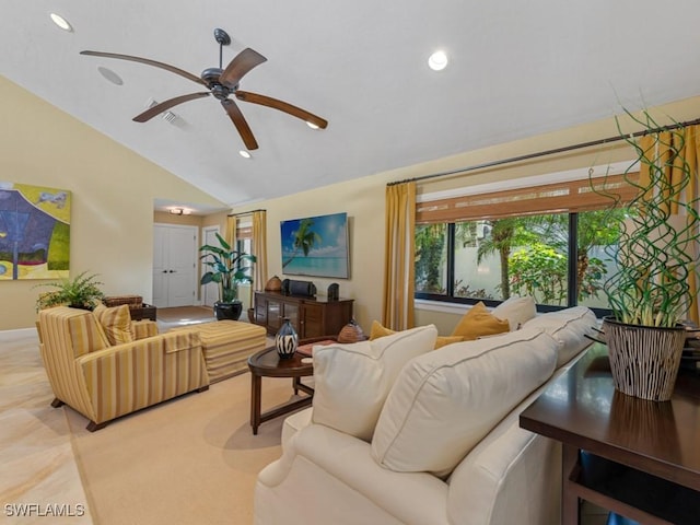 living room with ceiling fan and lofted ceiling