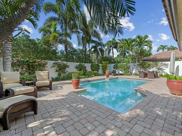 view of swimming pool with a bar and a patio area