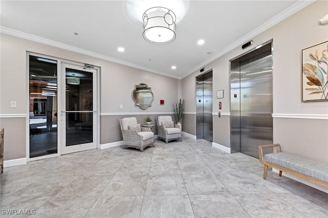 living area featuring ornamental molding, elevator, and french doors