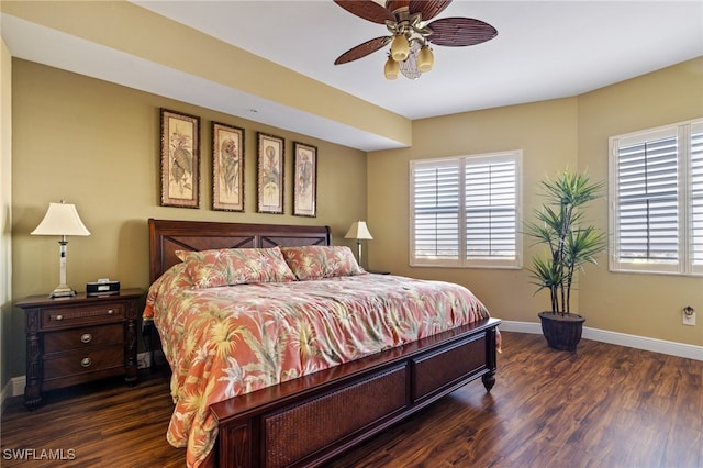 bedroom featuring dark wood-type flooring and ceiling fan