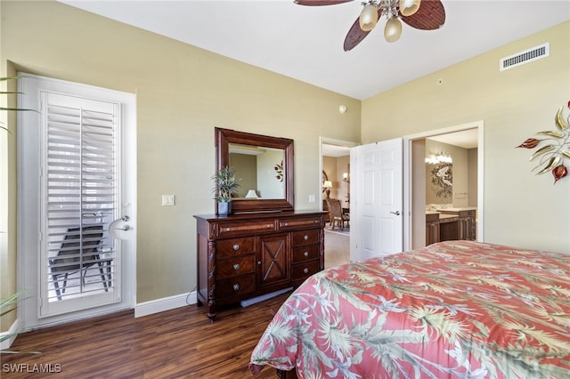 bedroom with ceiling fan, connected bathroom, and dark hardwood / wood-style floors