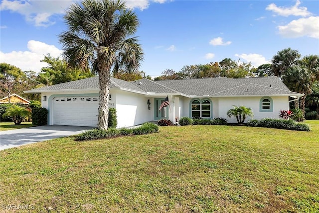 single story home with a front yard, concrete driveway, stucco siding, and an attached garage