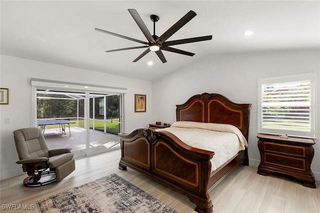 bedroom featuring light wood finished floors, access to outside, recessed lighting, a ceiling fan, and vaulted ceiling