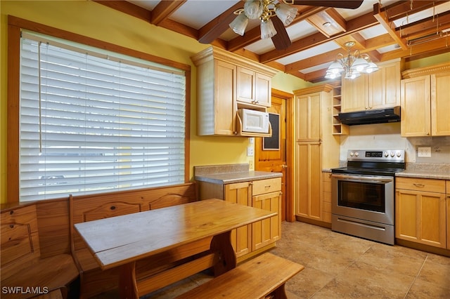 kitchen featuring hanging light fixtures, stainless steel electric range oven, light brown cabinets, and beam ceiling